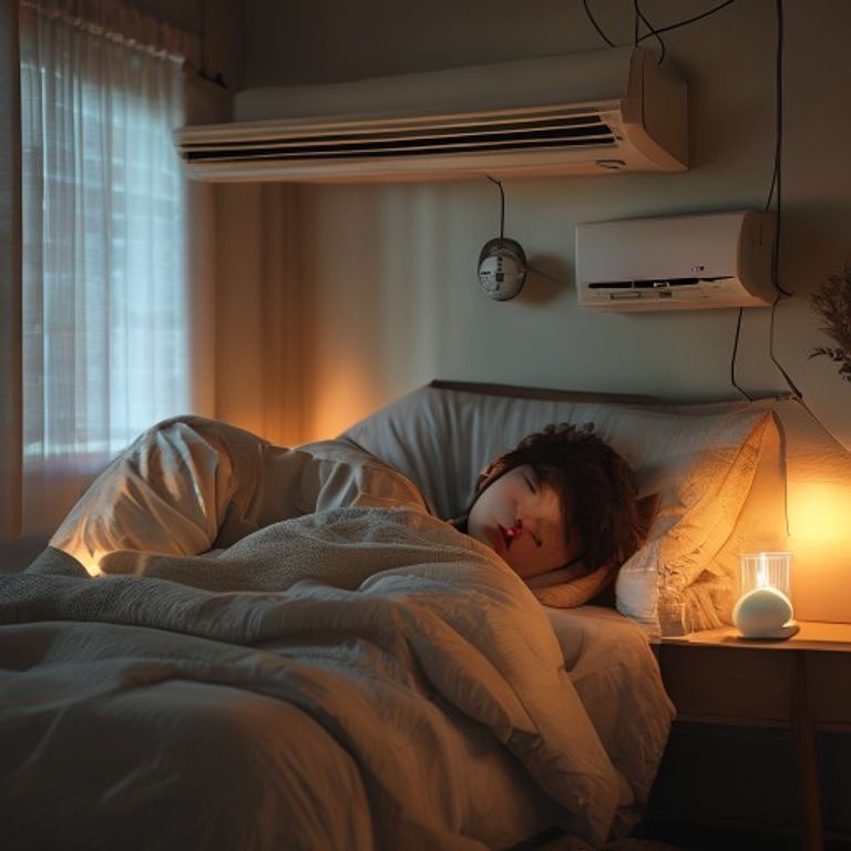 벽걸이 에어컨 아래 침대, 풍향 날개와 바람막이로 직바람을 비껴낸 늦여름 침실